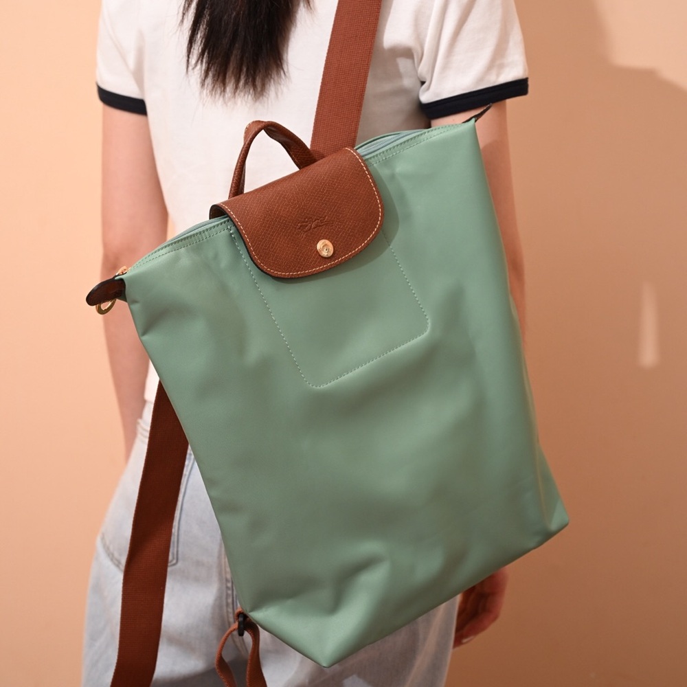 Longchamp Mint Green Nylon Backpack with Brown Trim